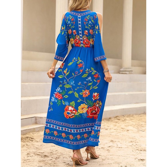 boho Floral Print Cold Shoulder maxi Dress cream - Picture 7 of 12